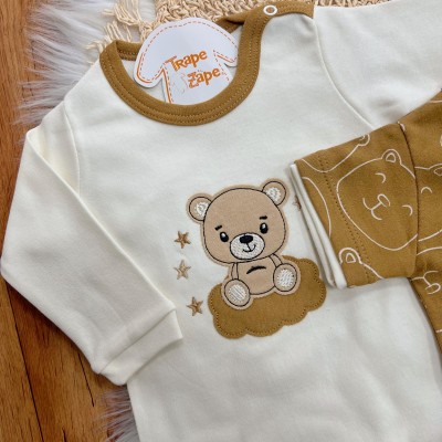 Conj. de Malha 3 peças - Bear Fofinho com Estrelinhas - Caramelo e Off White
